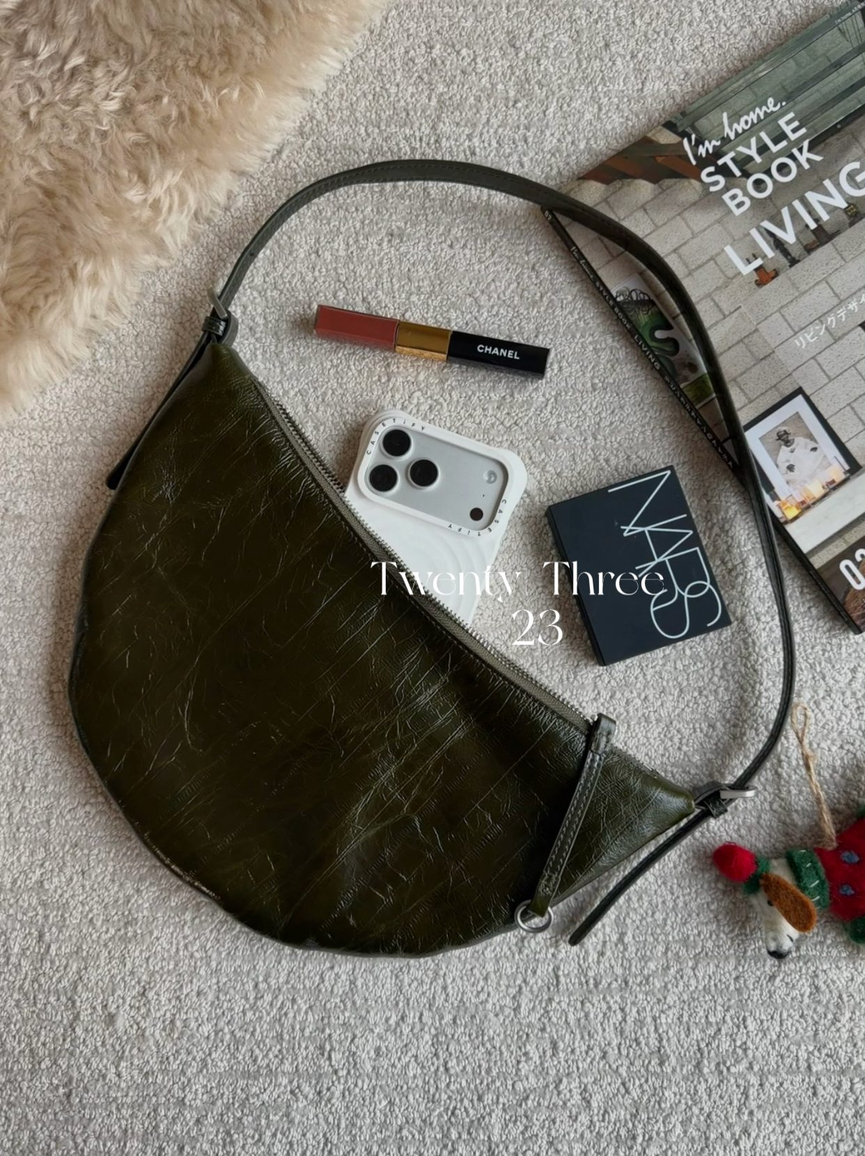 TwentyThree复古橄榄绿头层牛皮腋下月牙包慵懒斜挎鳗鱼纹饺子包