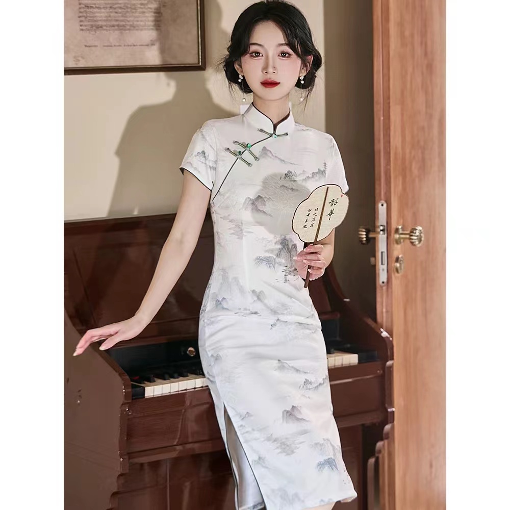 466-山水楼台 米白 燕尾扣 改良 旗袍