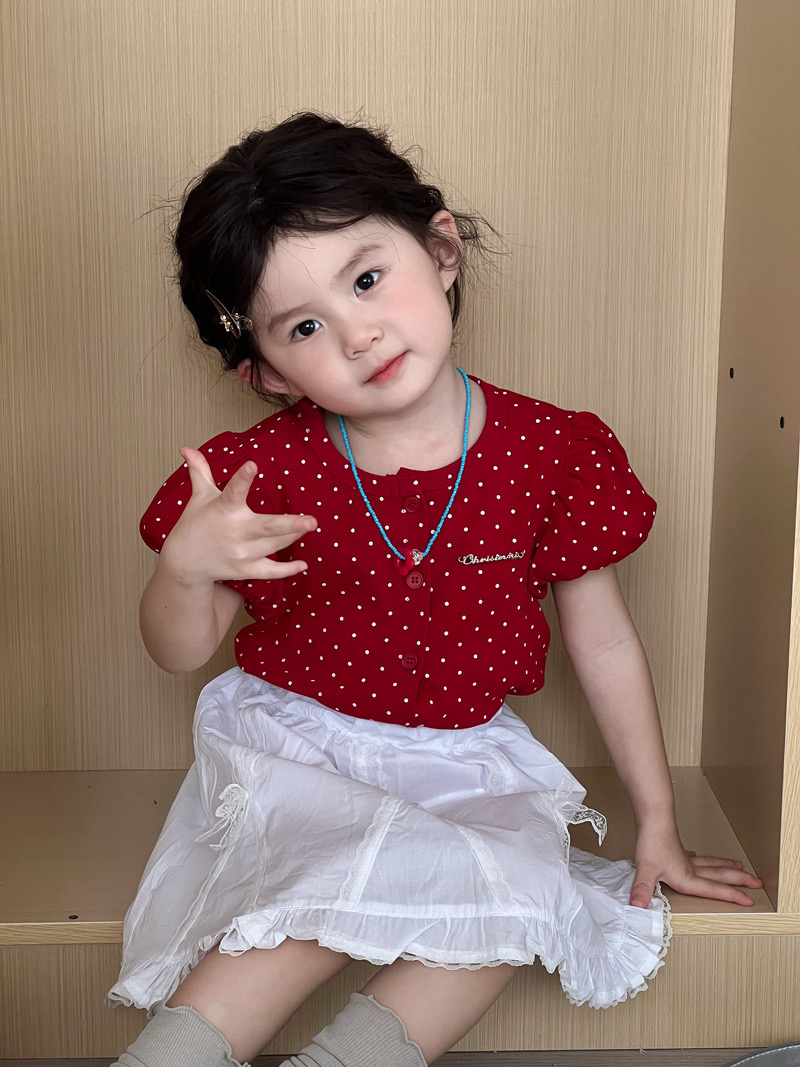 麦田2025夏季新品女童韩版波点T恤儿童时髦洋气短袖开衫女宝上衣 