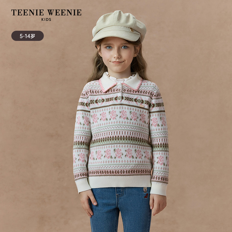 TeenieWeenieKids25年新款冬女童费尔岛提花翻领毛衣TKKW254952A