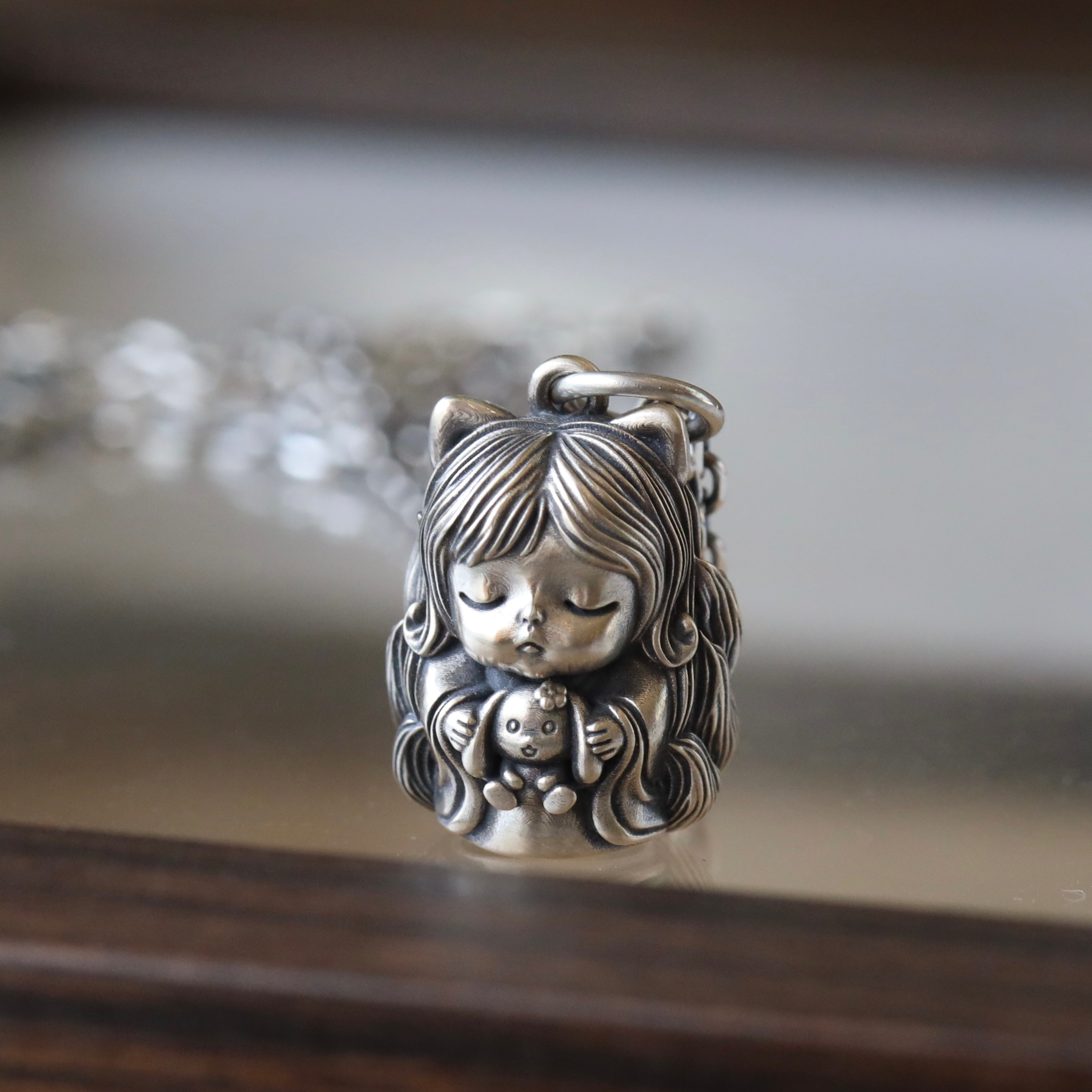 坠链均925银 复古灵狐铃铛吊坠九尾狐项链狐仙抱兔女孩可爱毛衣链