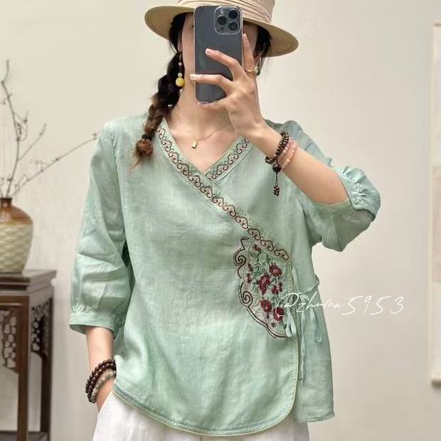 复古苎麻内里包边刺绣V领女夏新斜襟茶服上衣