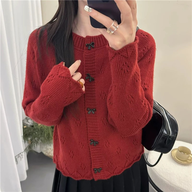 秋冬蝴蝶结黑扣圆领针织开衫女宽松秋装韩版洋气毛衣外套上衣长袖