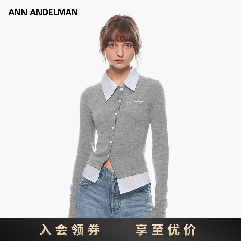 【痞幼同款】ANN ANDELMAN 新款撞色拼接假两件长袖针织开衫上衣女