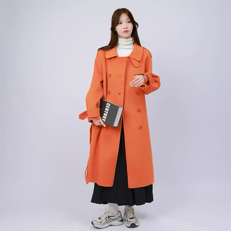 2201-B-1-1-1  高货羊毛女士系带收腰显瘦双排扣长款毛呢大衣两色
