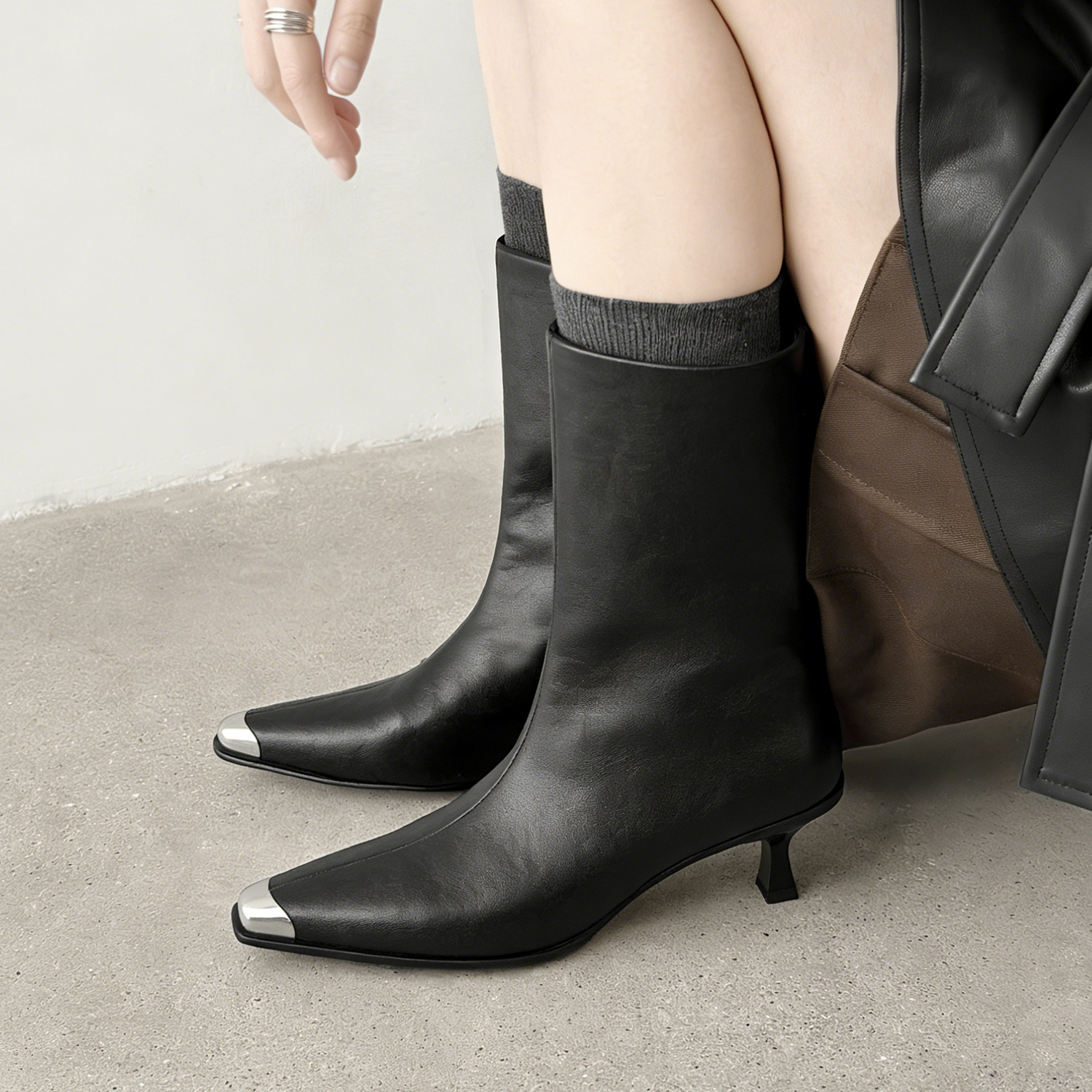 【跟高5cm】真皮高跟短靴女直筒靴女细跟方头显瘦靴百搭靴秋冬新款