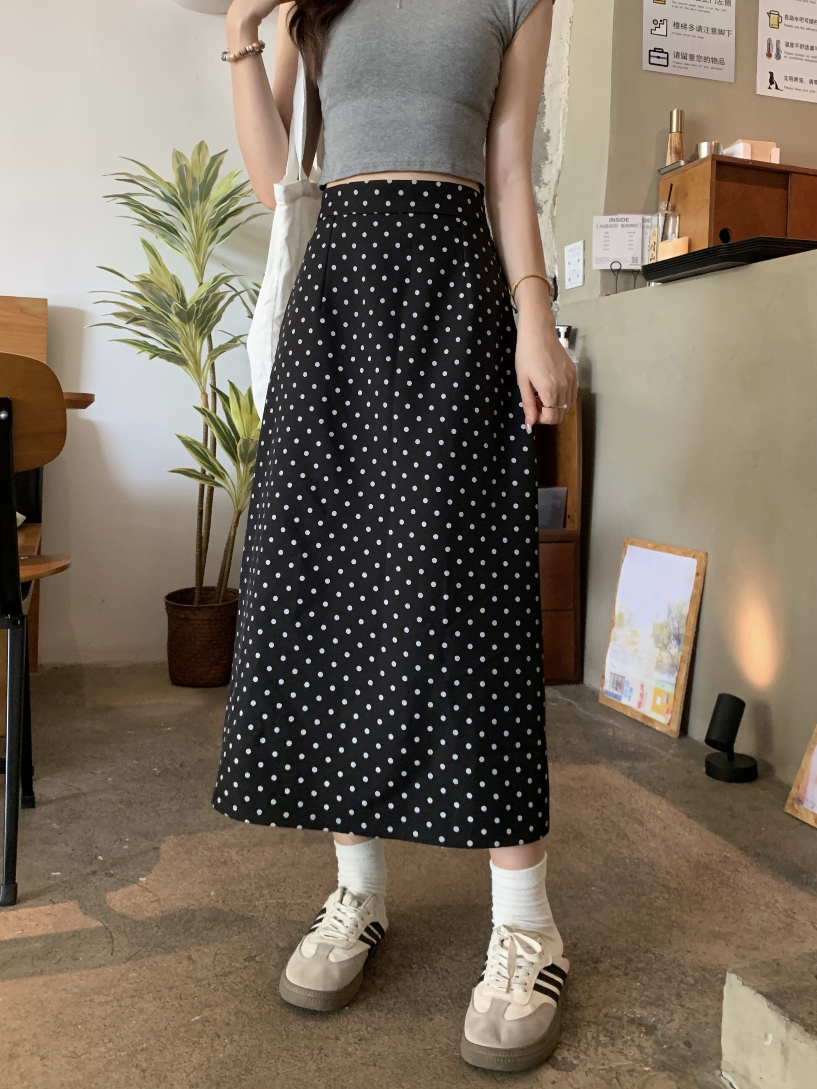 66299 波点休闲半身裙女夏季大码高腰显瘦中长款a字裙