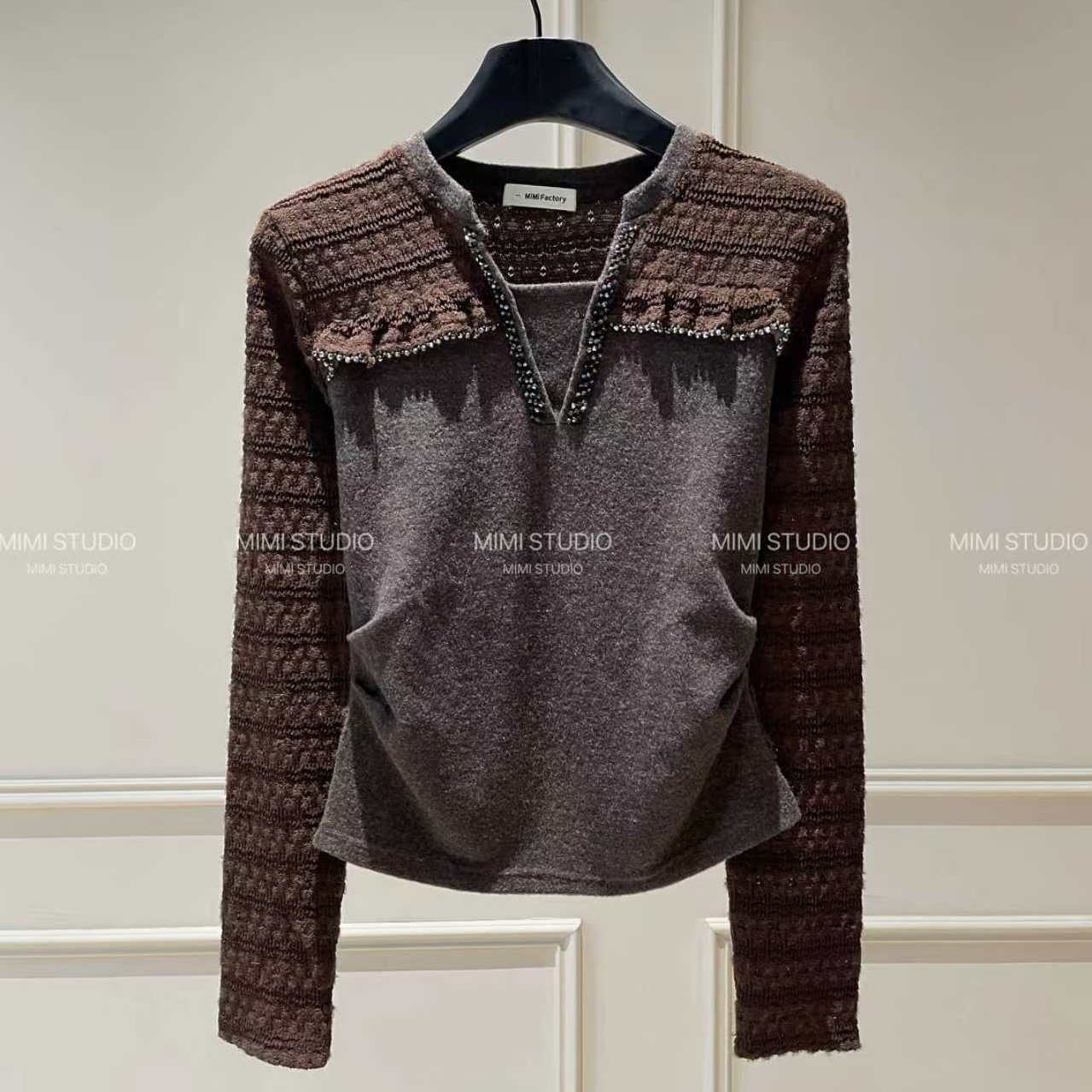 2025秋冬新款 拼接钉珠设计长袖T恤女修身显瘦百搭上衣1449#