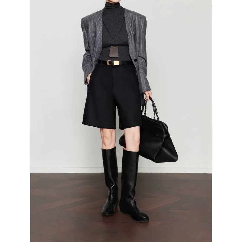 D-1294-新款高腰加厚羊毛A字五分西装短裤靴裤（配腰带）3219