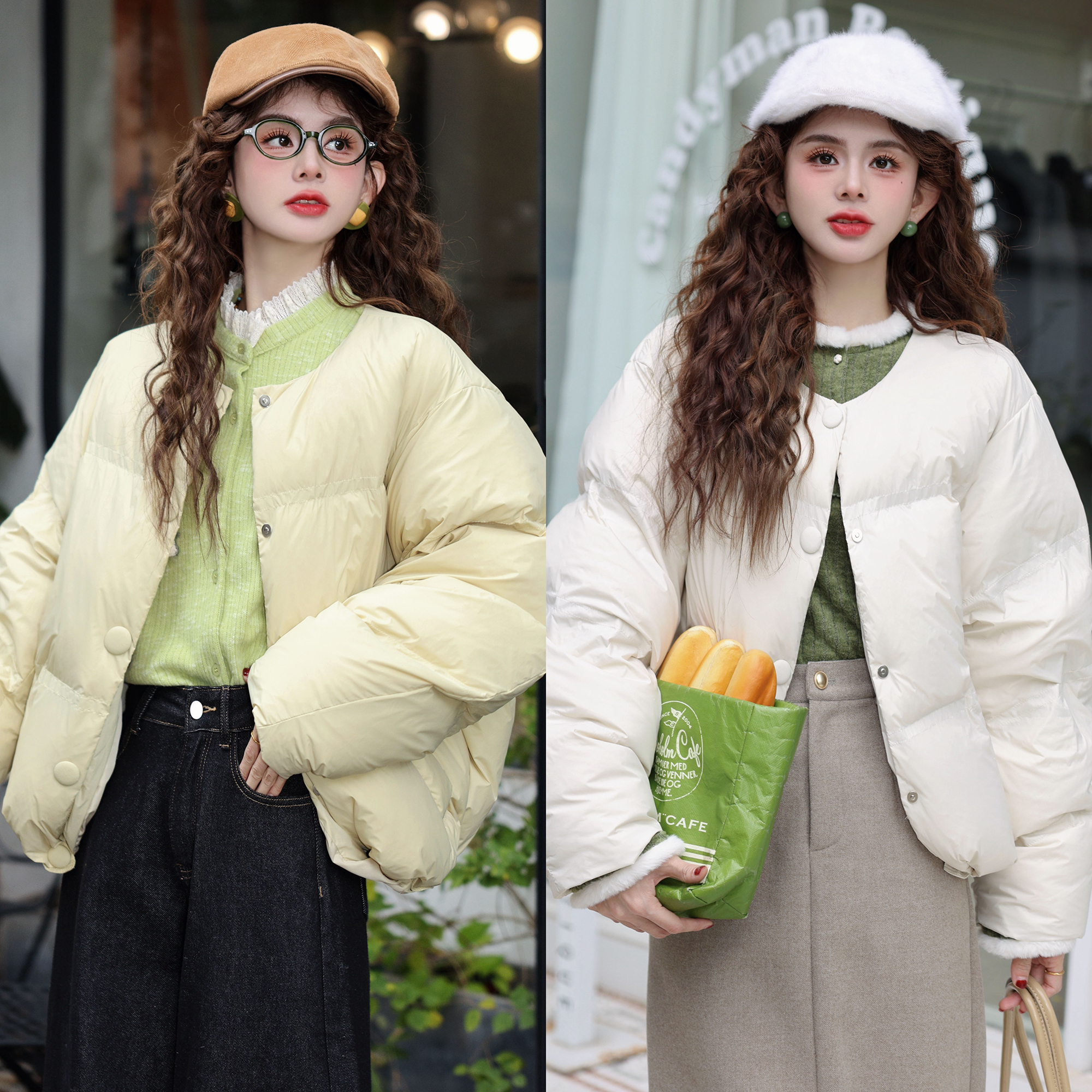 陈大器【玻璃凝霜】港风复古秋冬拼接保暖宽松羽绒服外套JM2477749