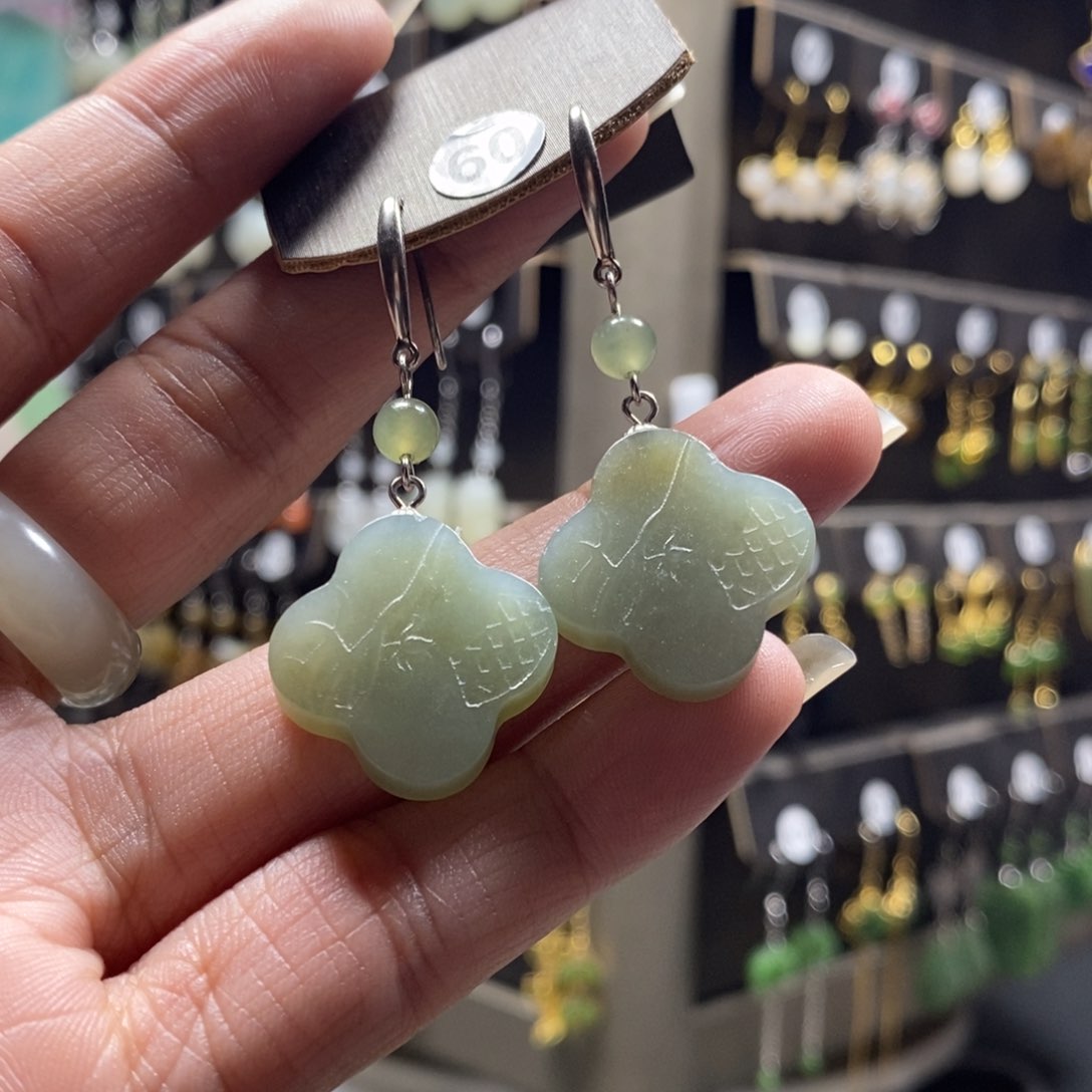 和田玉耳饰银S925镶嵌用****1