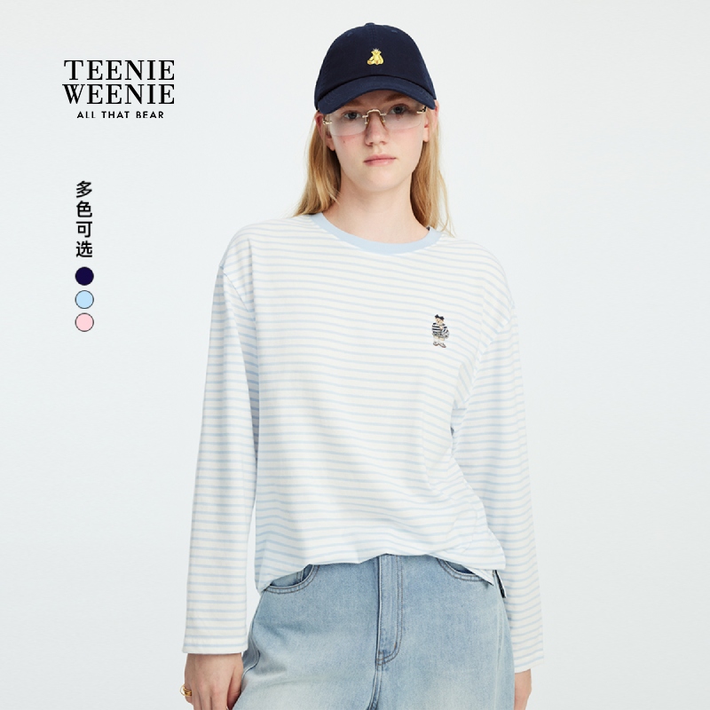 TeenieWeenie小熊女T恤25休闲清爽盐系条纹长袖上衣女TTLS257806P