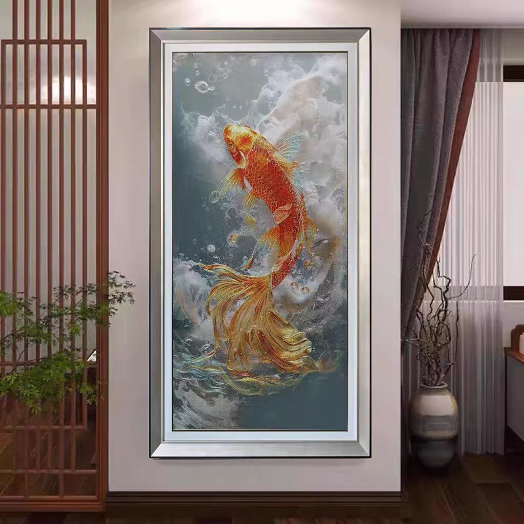 高档竖版招财锦鲤图玄关挂画走廊过道装饰画