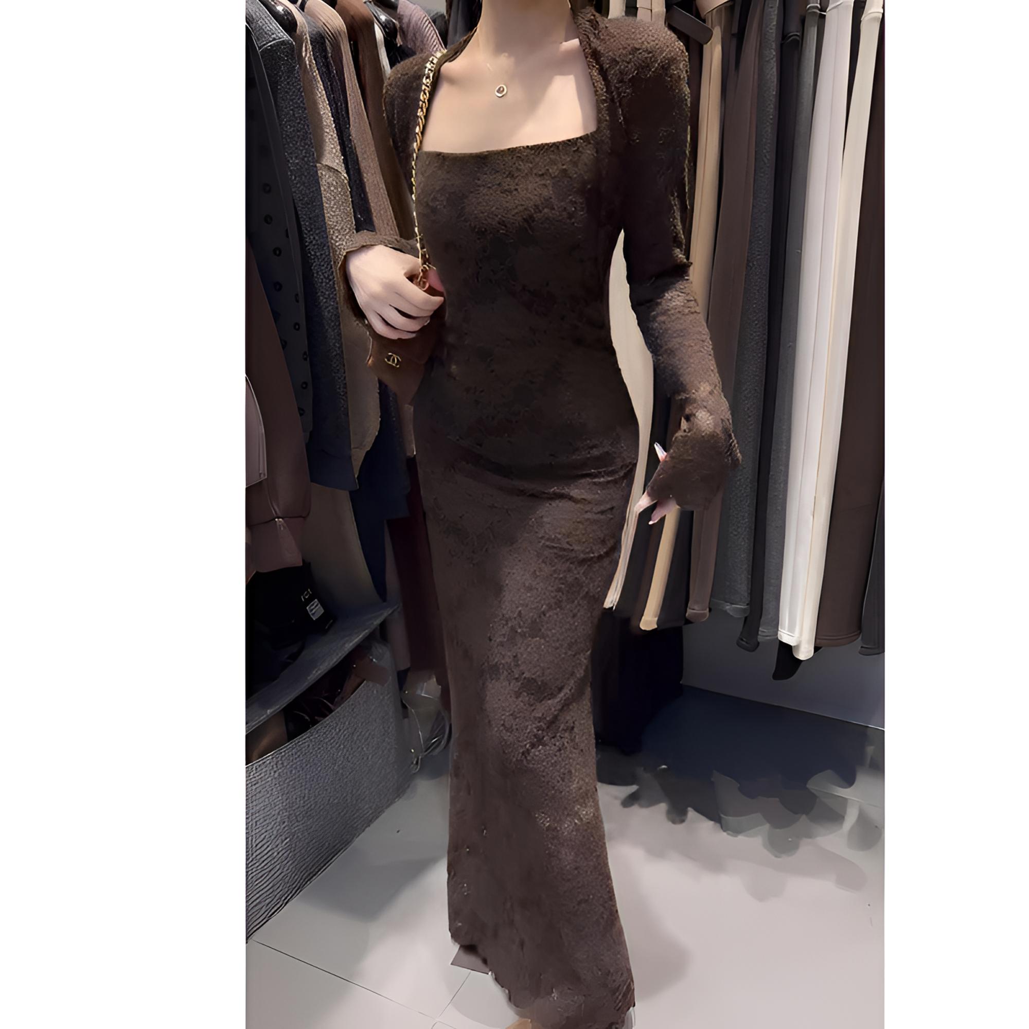 法式加绒蕾丝连衣裙方领长袖设计师植绒8723