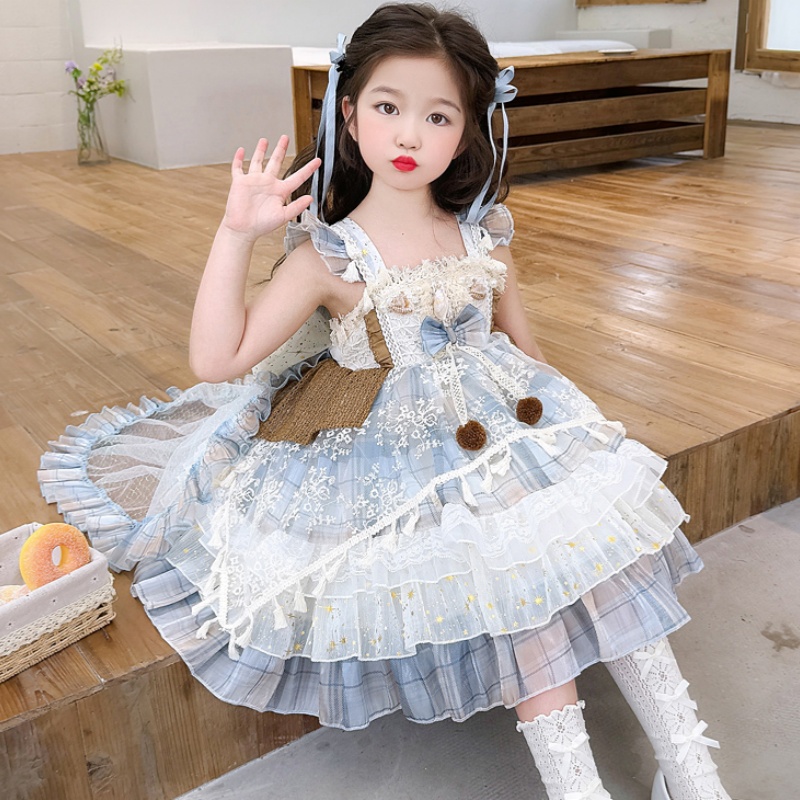 2025新款夏季女童蓝色蝴蝶结拖尾连衣裙公主裙甜美可爱礼服裙子