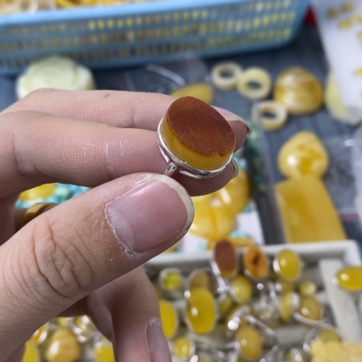 蜜蜡裸石银S925镶嵌戒指