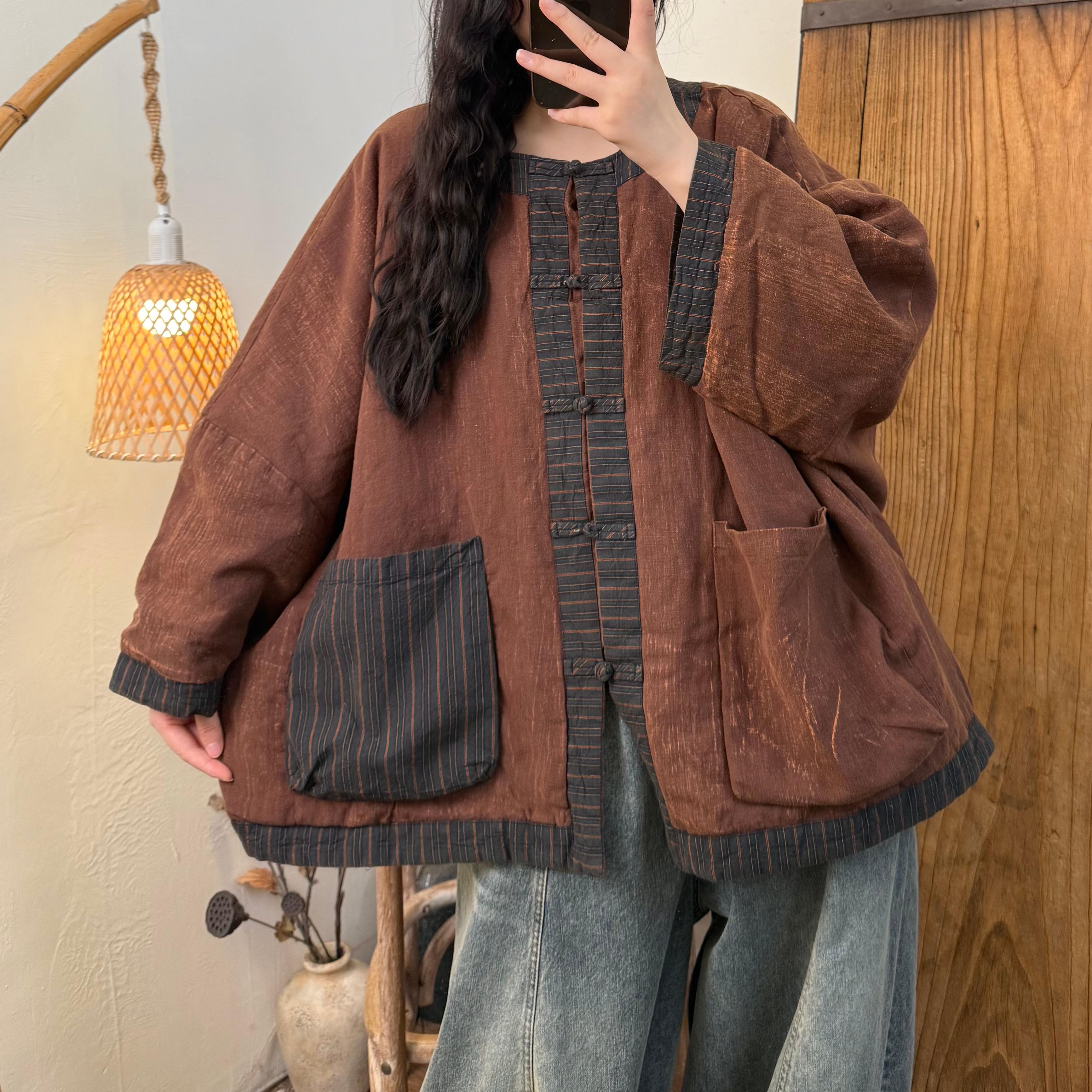 【半奏】冬季新款复古炒色做旧老布拼接亚麻盘扣棉衣