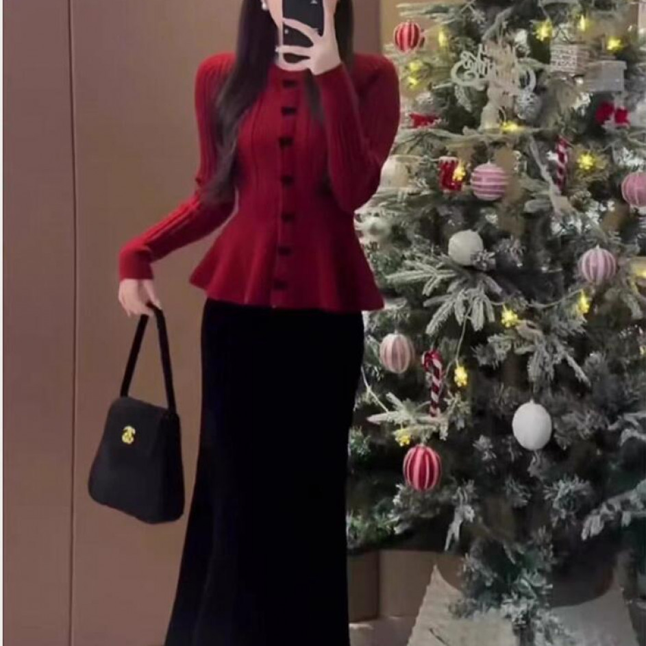 长袖套头针织衫秋冬新款收腰显瘦内搭打底衫红色蝴蝶结小香风毛衣