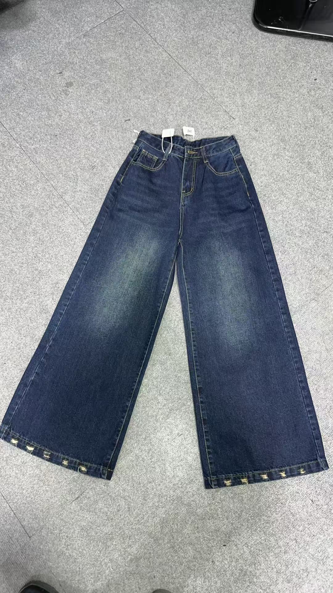 【15号6803】2025秋季新款磨破工艺复古蓝直筒大阔腿