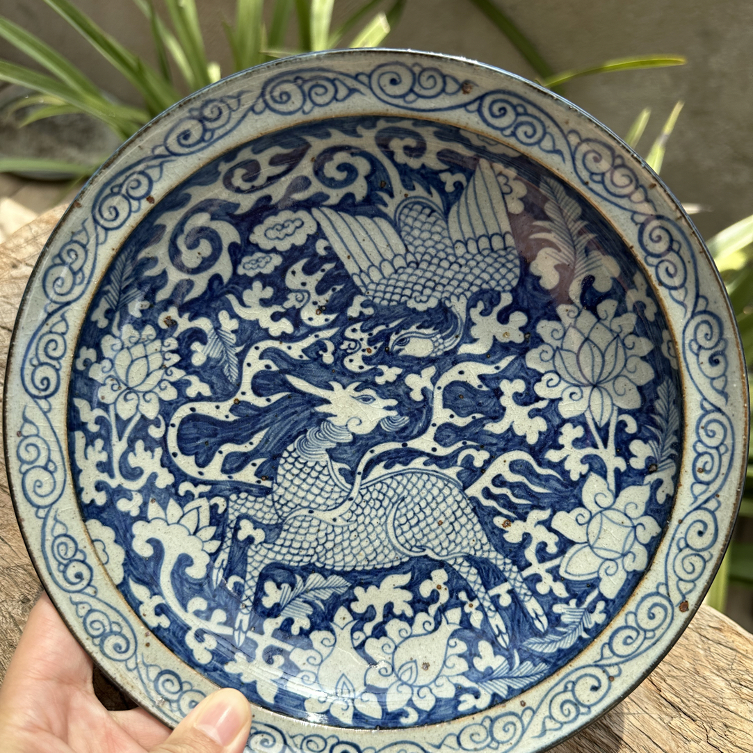 【若玉古美】麒麟追凤粗陶深圆盘高温手绘釉下青花瓷