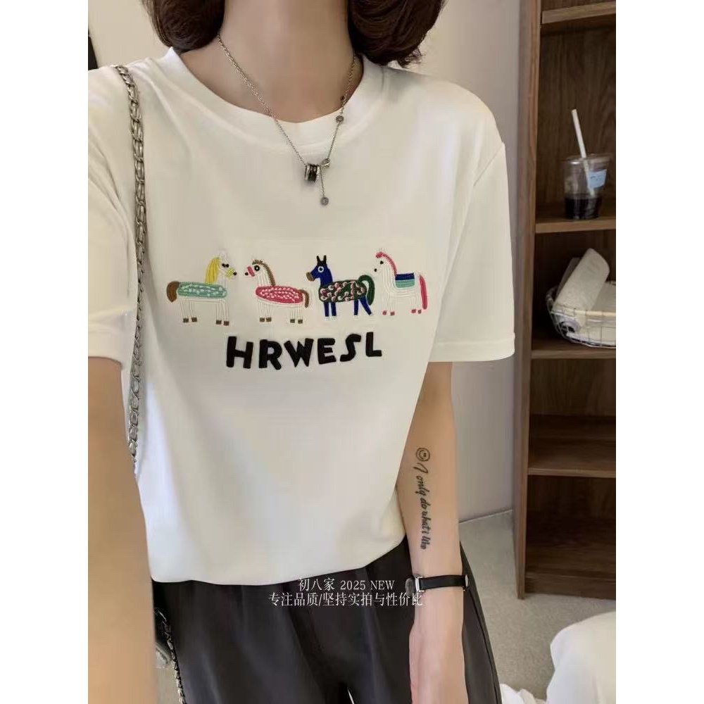 重工刺绣【小马假日】流行款刺绣圆领短袖潮流休闲百搭上衣25041