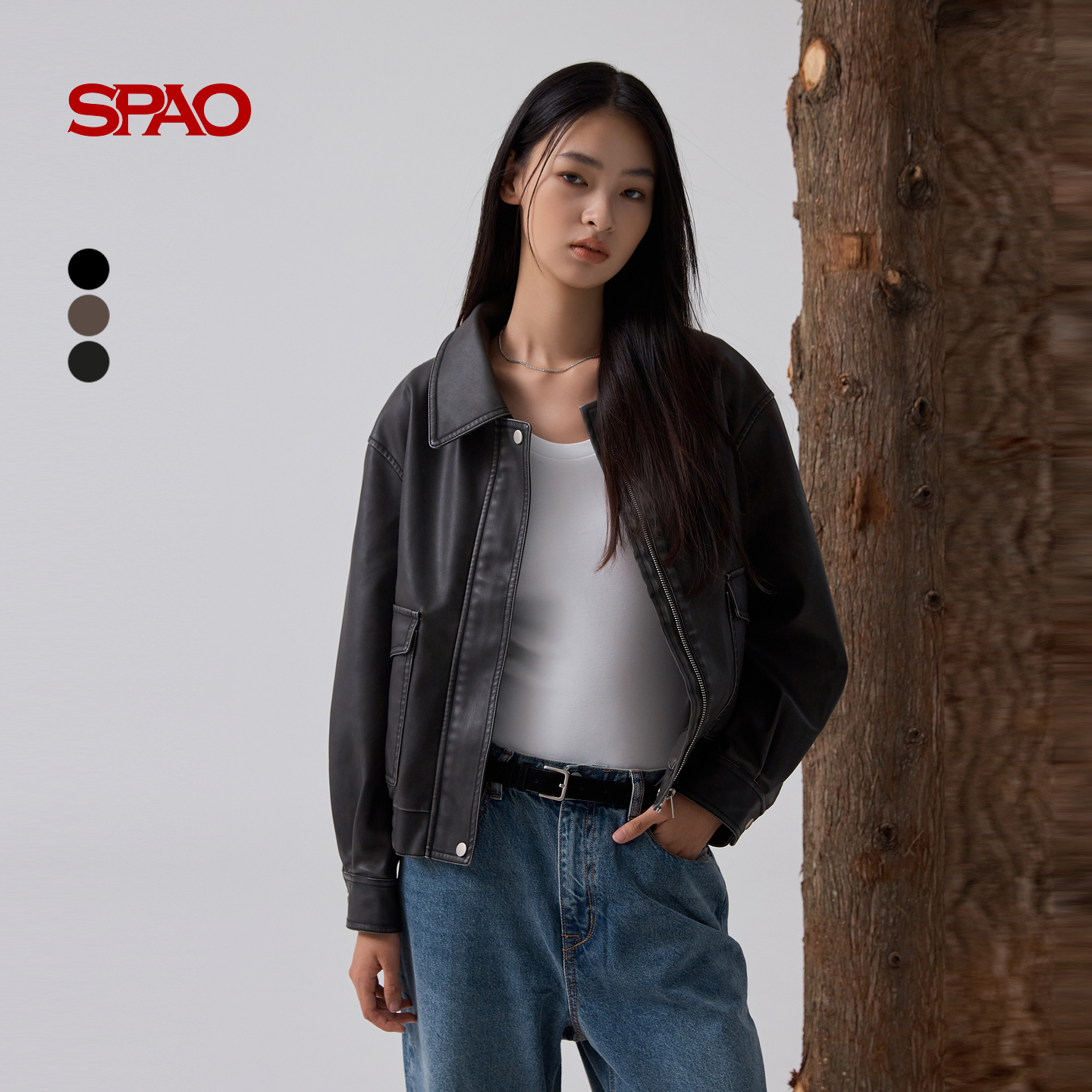 SPAO韩国同款25年秋季新品女士潮流复古皮衣夹克外套SPJLF49W12