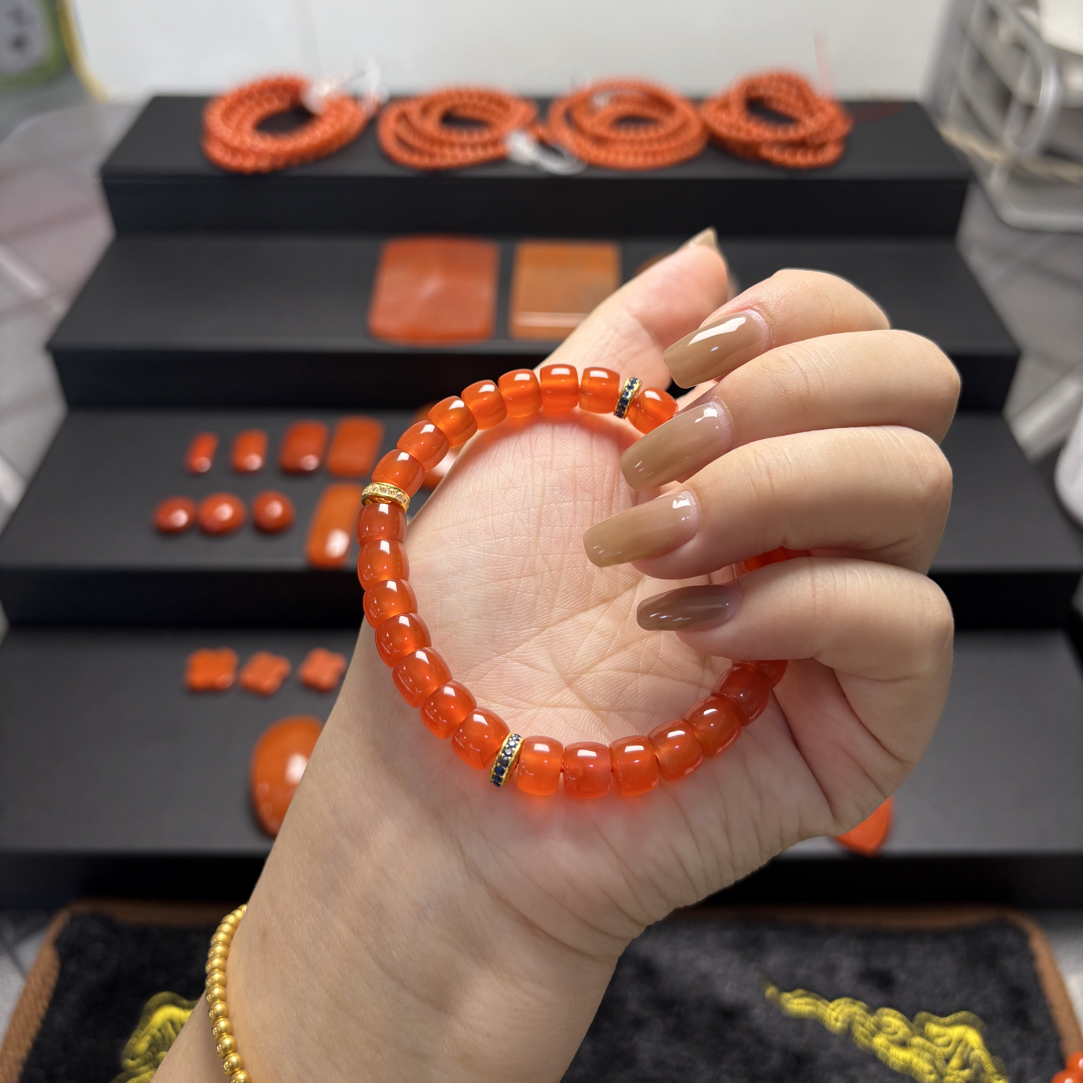 保山原矿南红手串冰红18k金镶嵌老型7.5mm