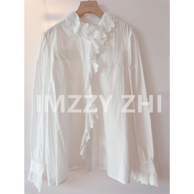 【张静芝】法式浪漫刺绣蕾丝花边小立领洋气女生长袖衬衫