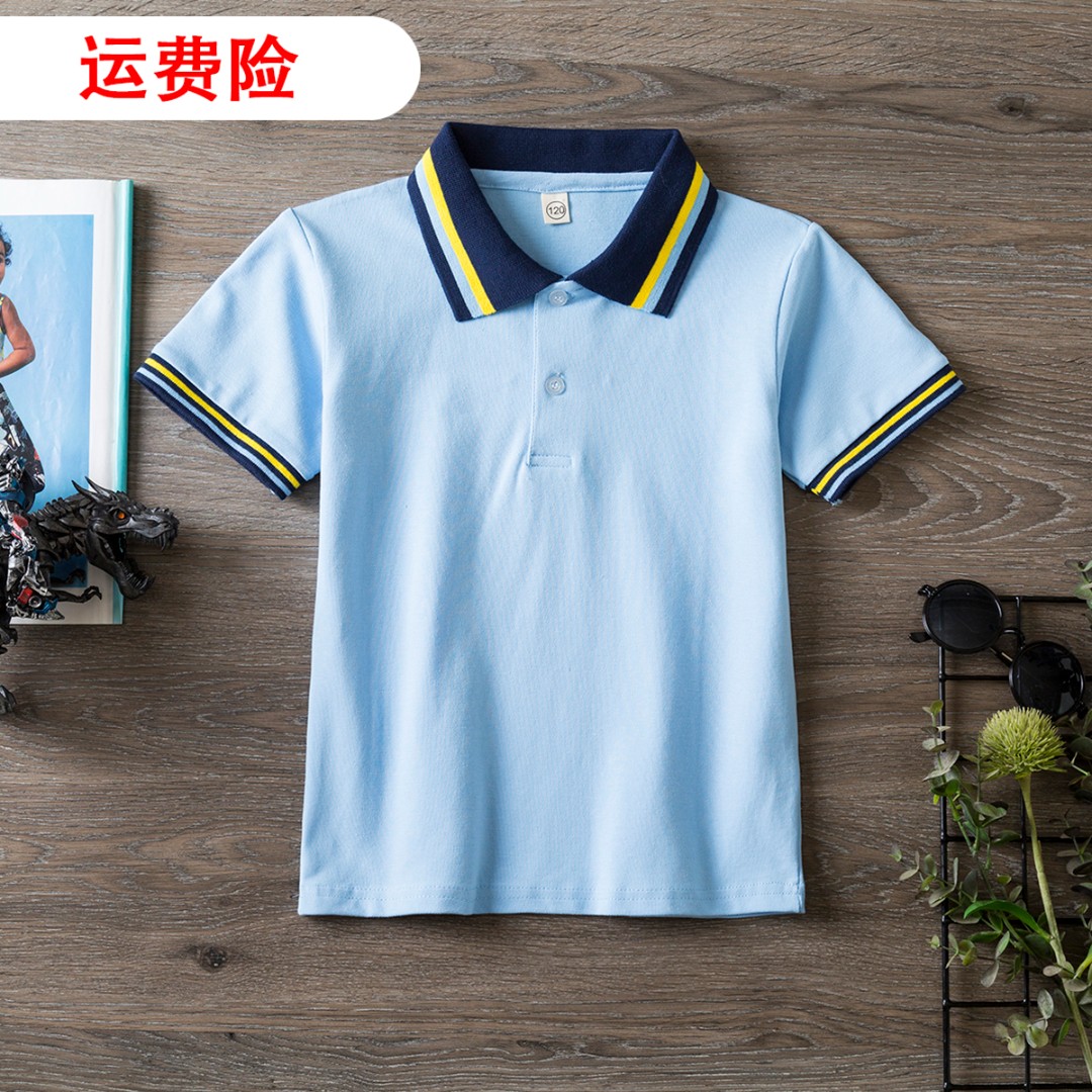 男女童浅蓝色短袖T恤翻领中大儿童POLO衫初中小学生校服班服