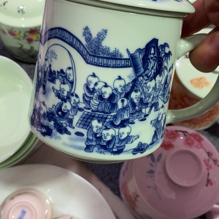 摆件瓷绿稀土童子办公杯 带茶漏