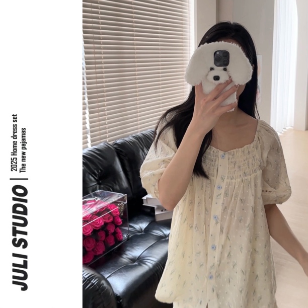 JULI<小苍兰> 韩国甜美小碎花花边娃娃领短袖睡衣套装家居服