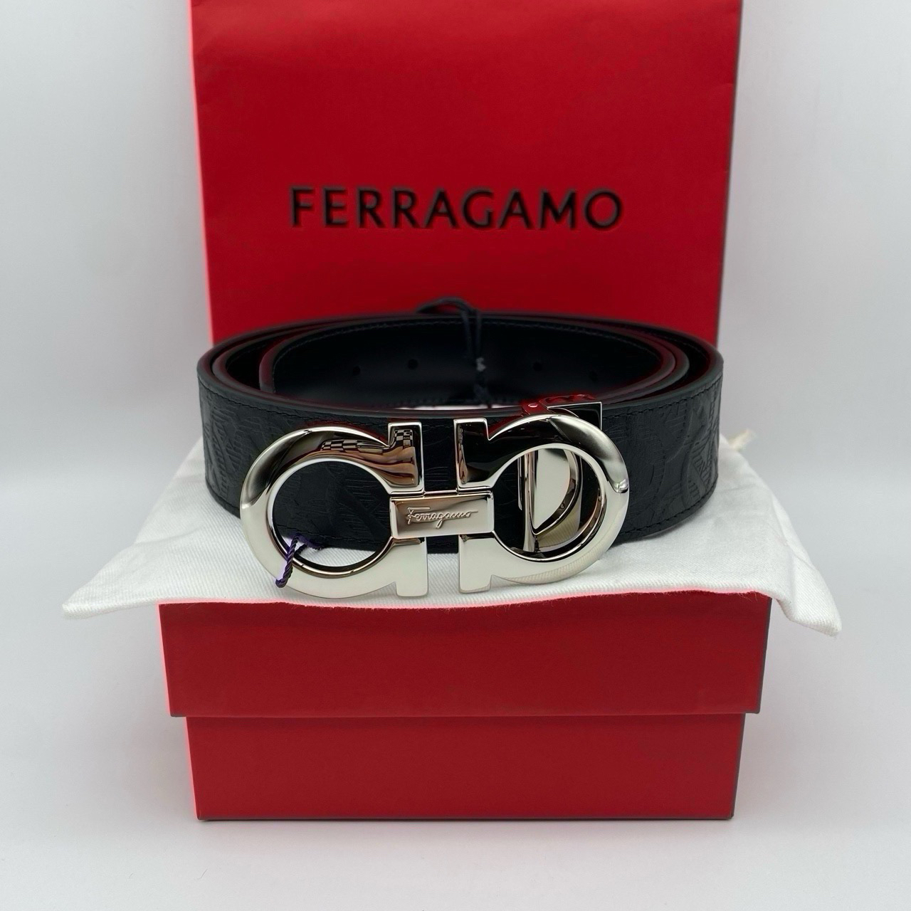 99新 FERRAGAMO/菲拉格慕 全新双面黑色花纹110码皮带12466927