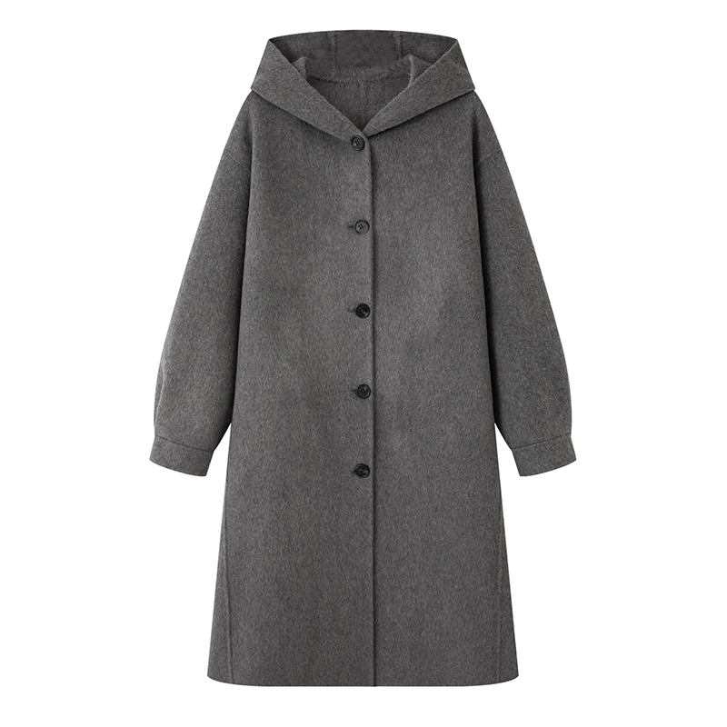 艾2025冬季新款百搭连帽双面呢大衣中长款外套女0501