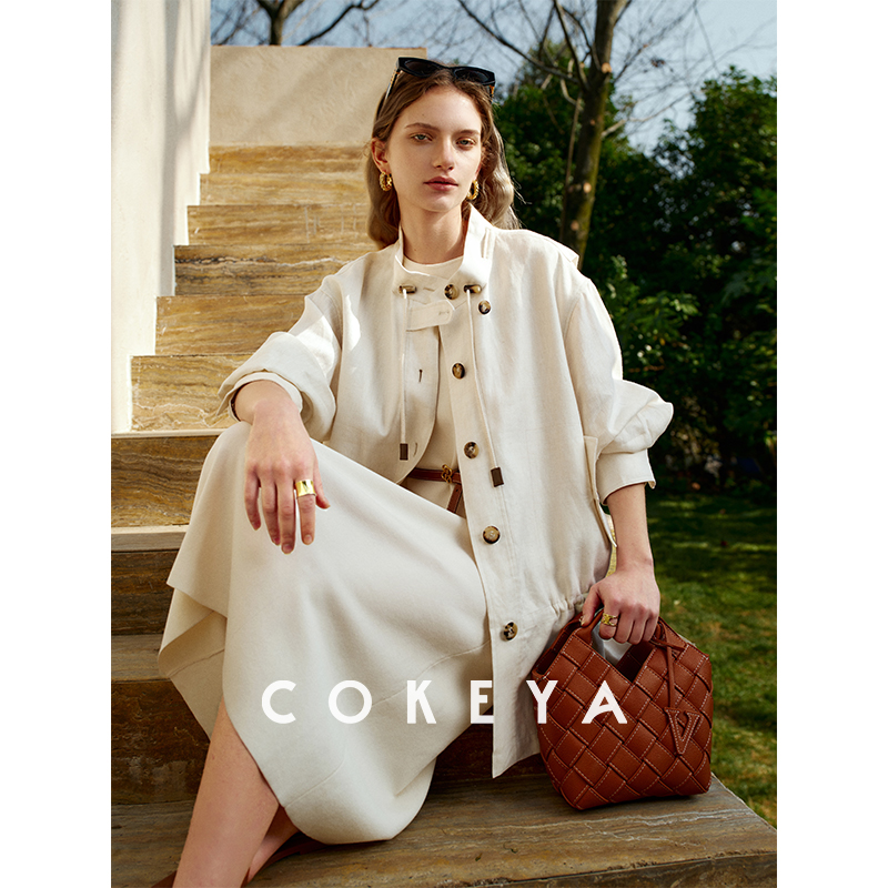 COKEYA/L*P2w+~琎口亚麻老风廓形立领长袖宽松夹克风衣外套女春