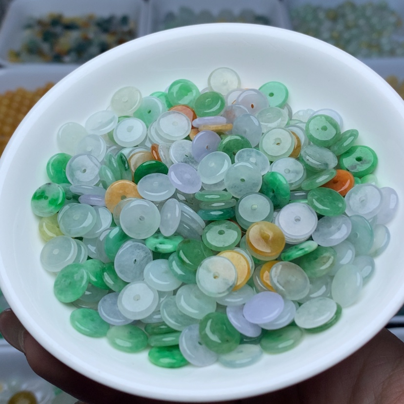 【闪购商品】翡翠手链未镶嵌卡9冰三彩平安扣10颗 颜色随机