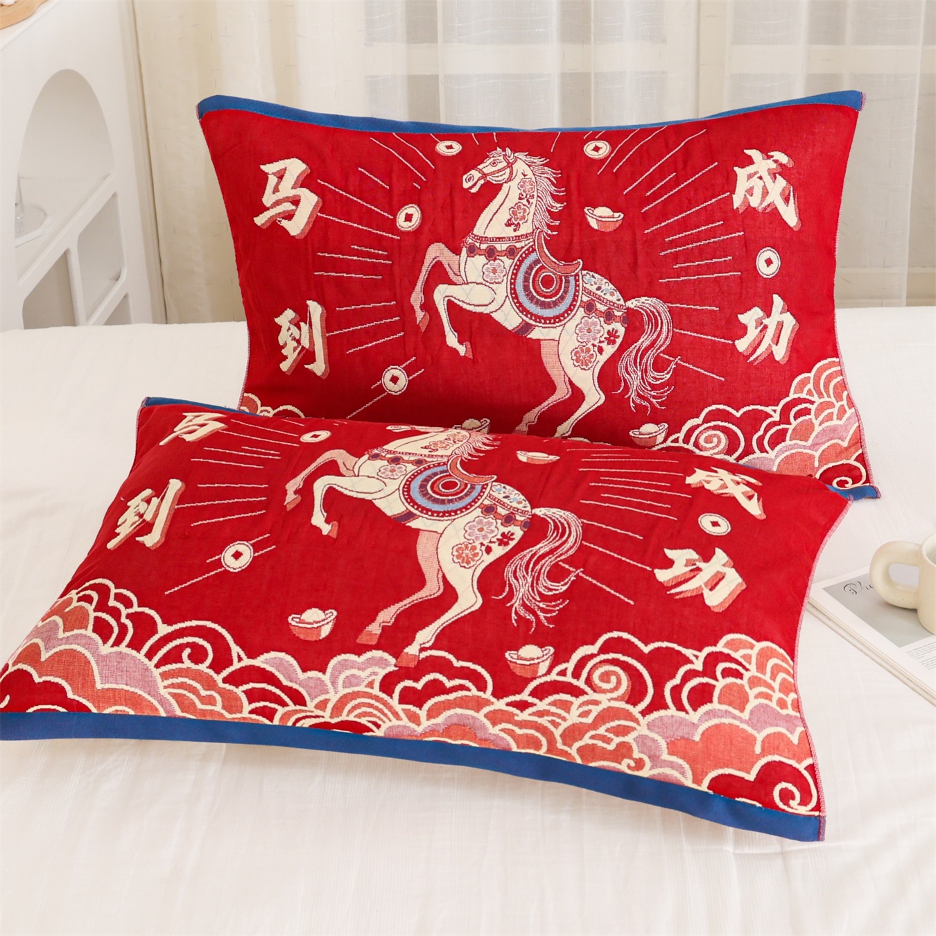 马年本命年红枕巾一对装52*78大号成人家用红色百福字新年枕头巾