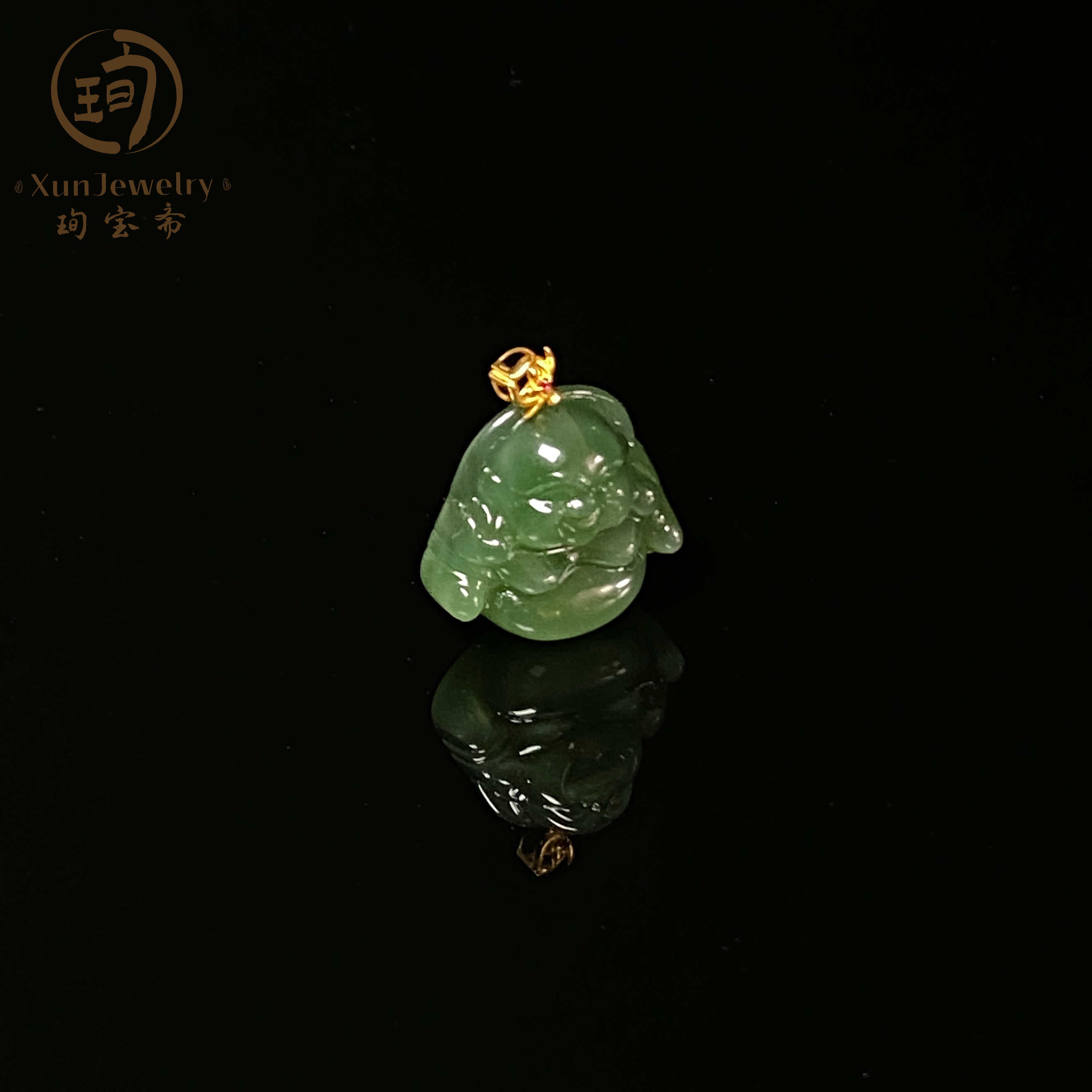 【金弥】18 k金镶嵌天然和田玉猫眼碧玉菠菜绿弥勒佛吊坠