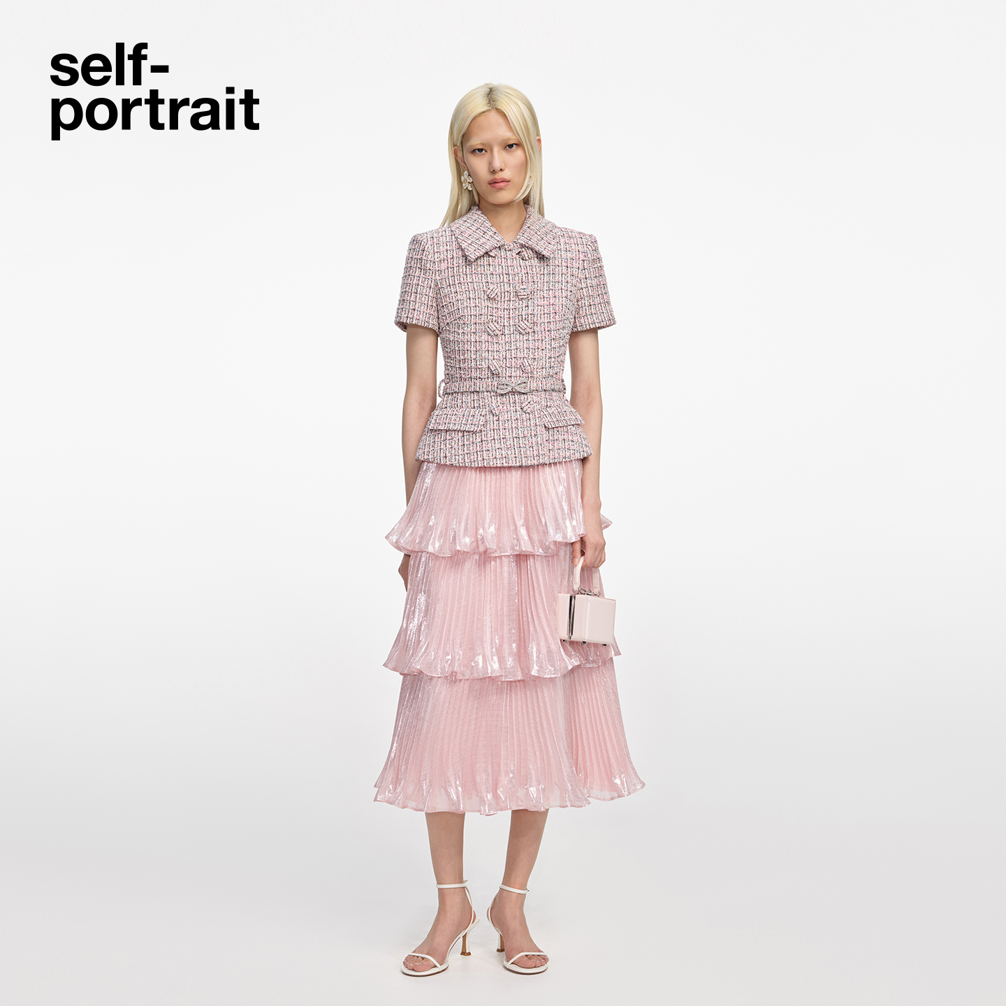 self-portrait 2025秋冬新款红粉混色粗花呢小香风假两件连衣裙