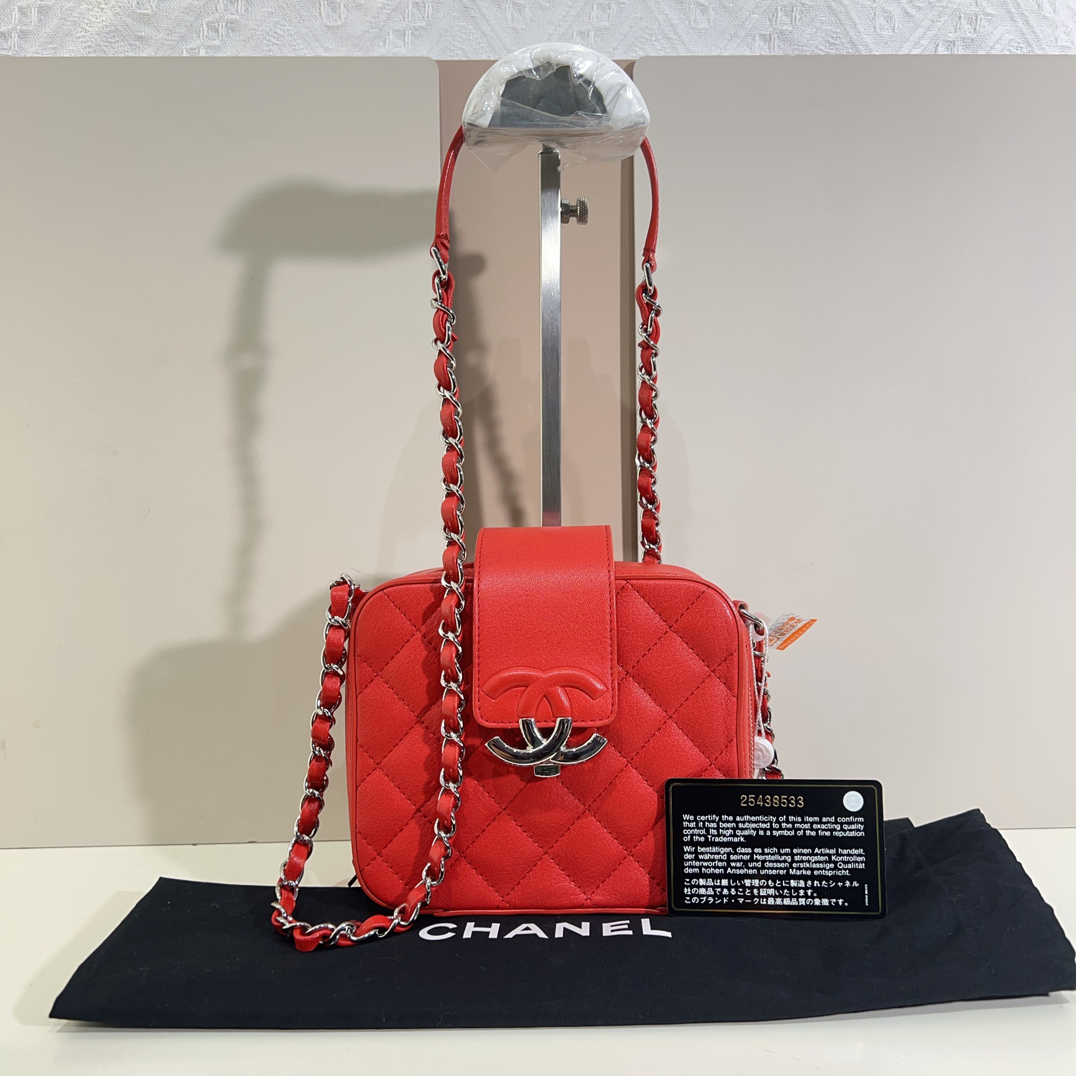 95新 Chanel/香奈儿 香奈儿羊皮盒子包红色银扣25开cj5704