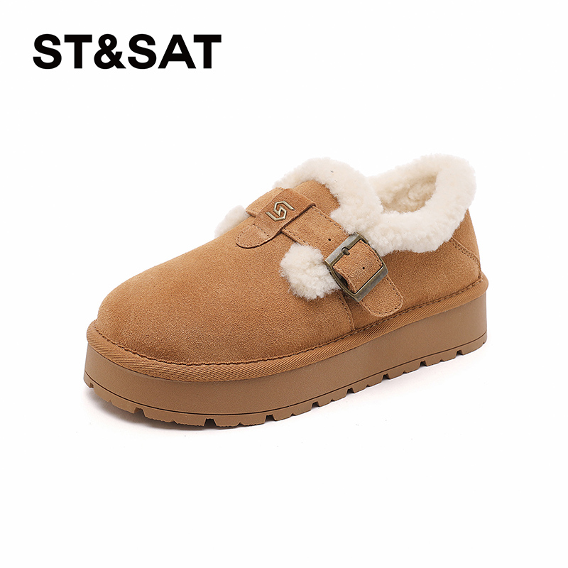 星期六厚底毛毛板鞋女2025冬季新款加绒保暖舒适圆头松糕休闲鞋