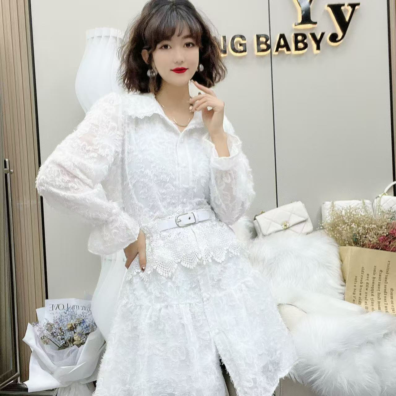 YY大码(水中月)时尚百搭遮肚两色毛巾绣高级感气质洋气时尚两件套