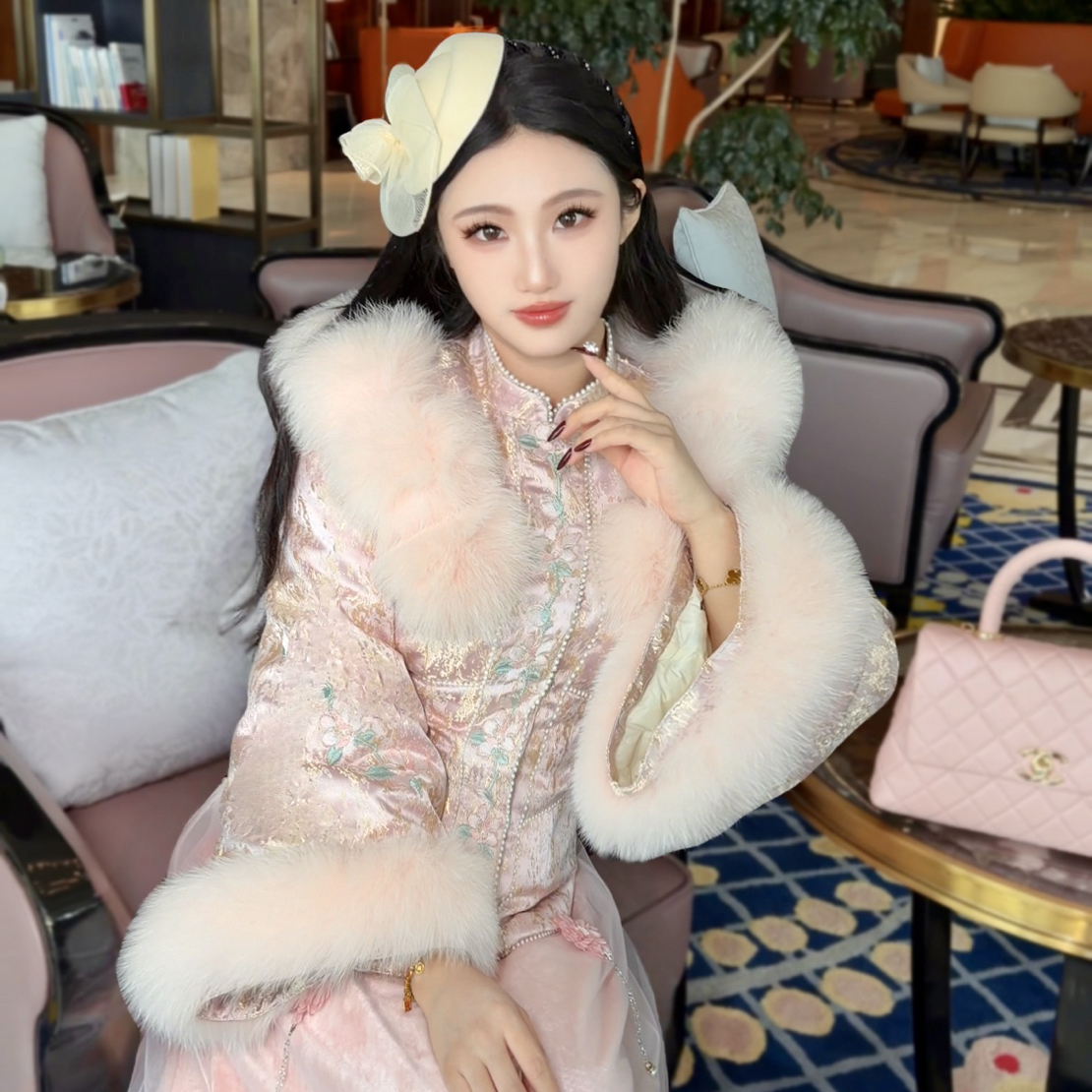 【媛珠 金团花簇】重工国风提花狐狸毛领刺绣鹅绒服收腰外套贵气