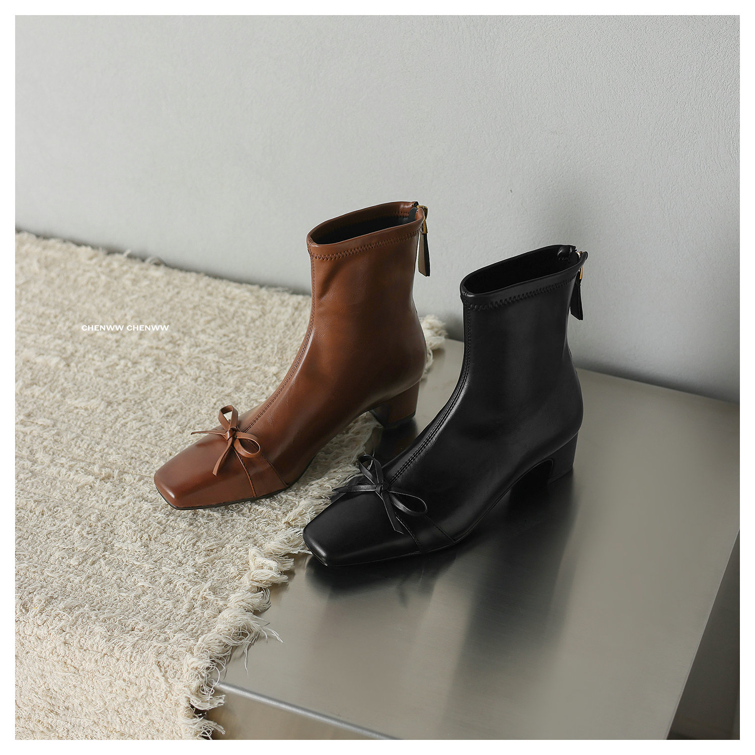 【CHENWW】复古短筒蝴蝶结方头粗跟时装靴加绒复古百搭通勤显瘦显高