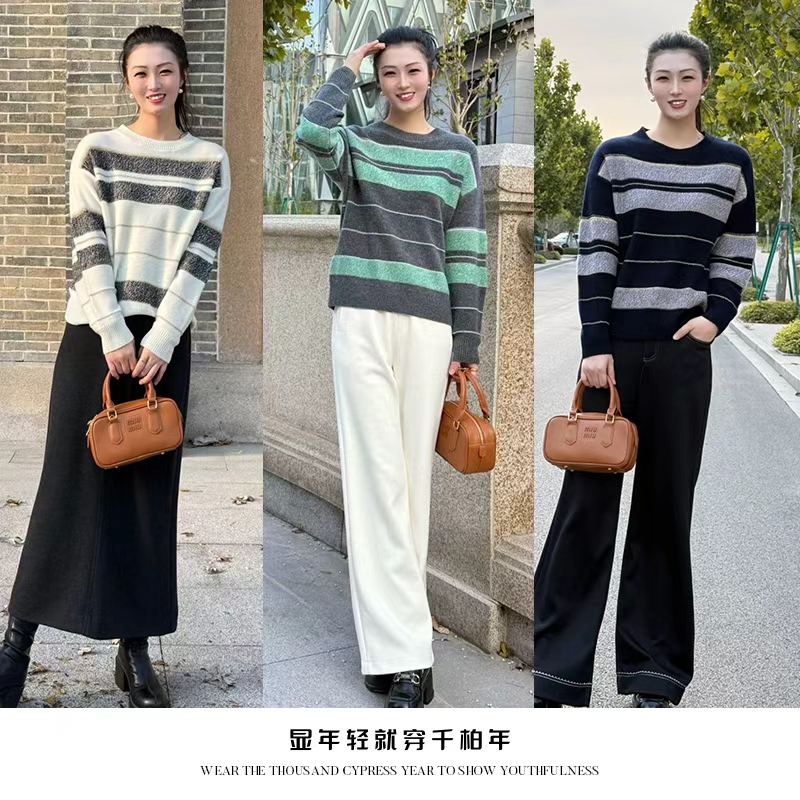 千柏年【鎏光织梦】100%羊毛金银丝横条纹亮眼设计感针织衫-C3949