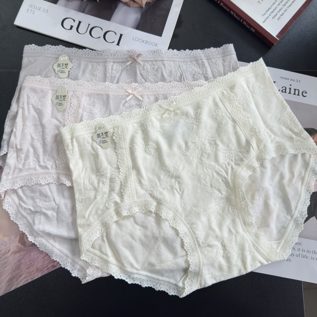 女士中腰提花三角内裤蕾丝腰边亲肤透气