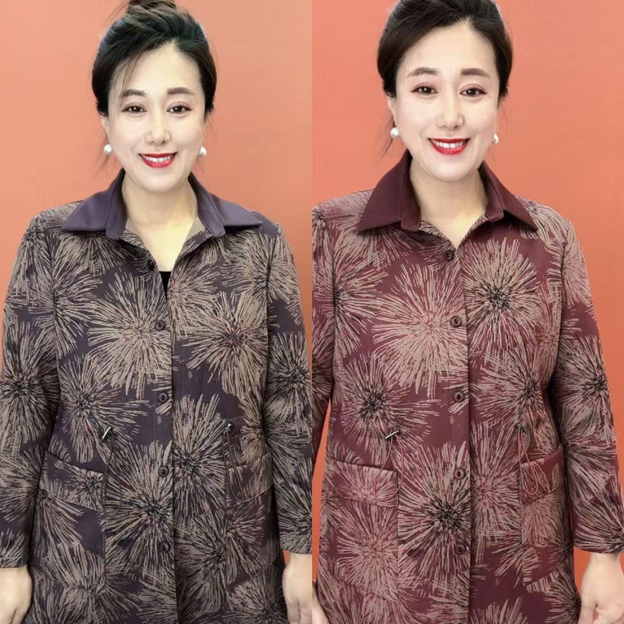 夫502076拼接领腰抽绳花外套