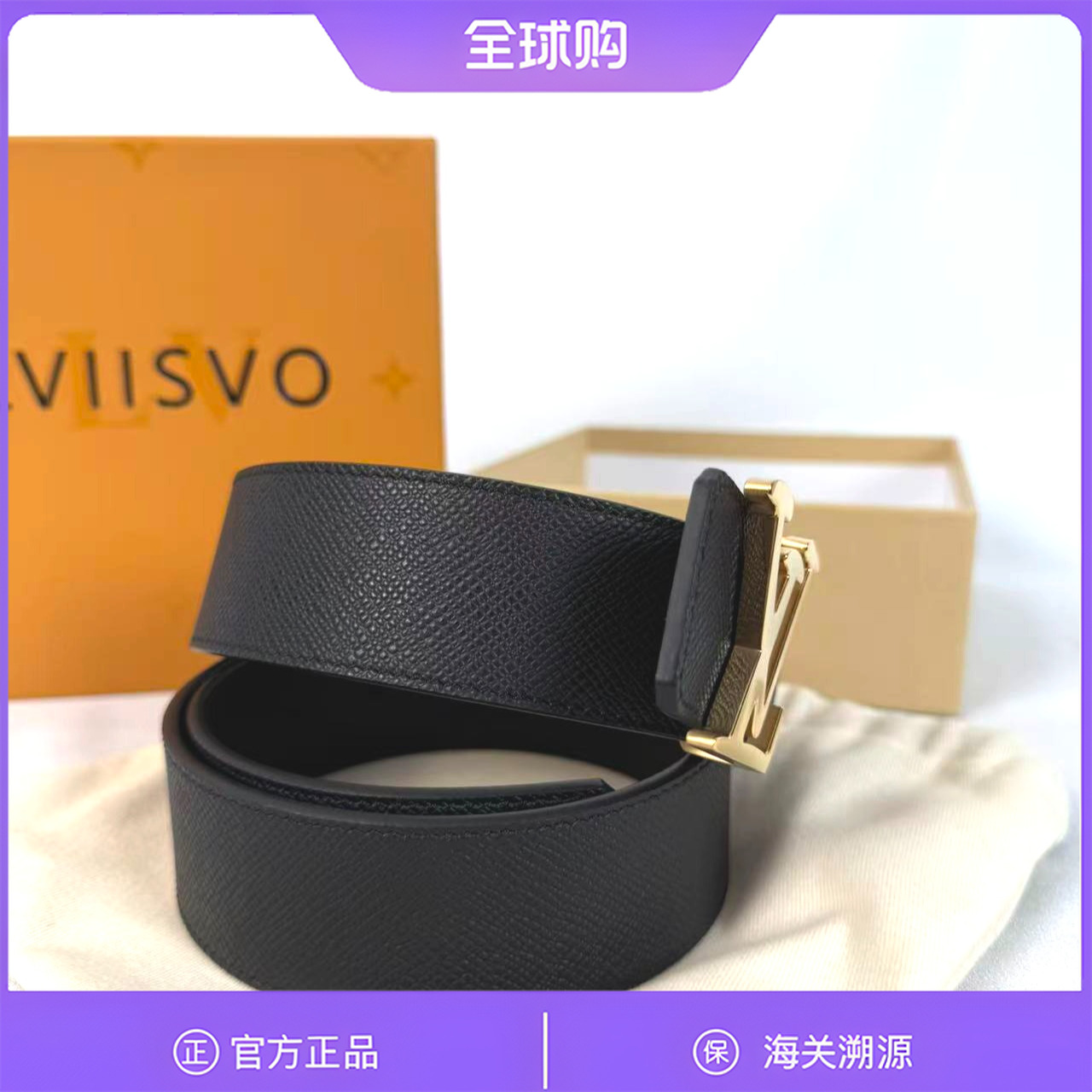 lviisvo路威丝平滑扣牛皮印花皮带男款时尚黑色 4cmM9084