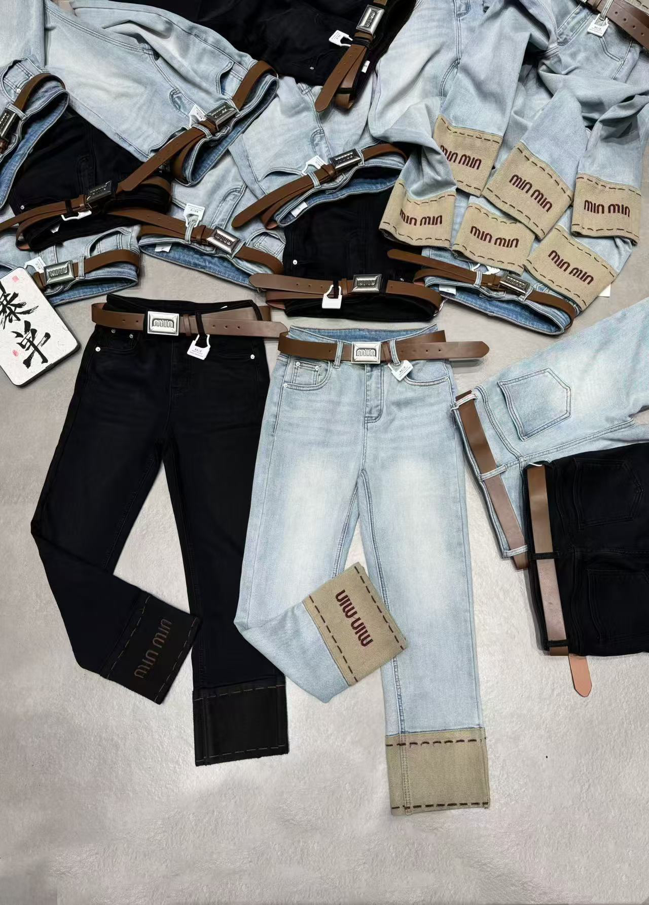 WTt-70085抓绒明线刺绣字母拼接弹力牛仔烟管裤