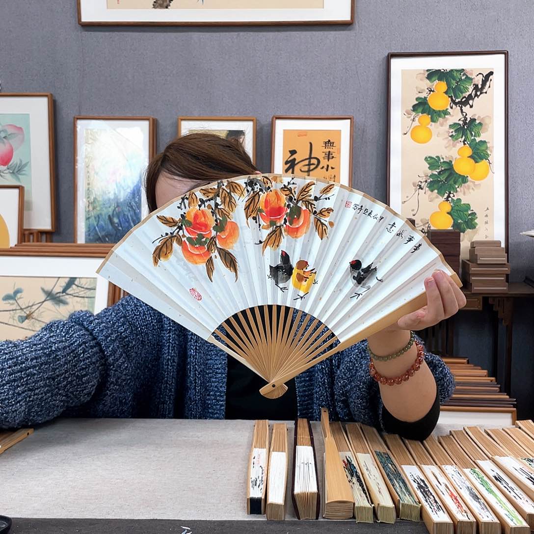 国画8寸玉竹-纯手绘-文玩扇骨（默认粘好）