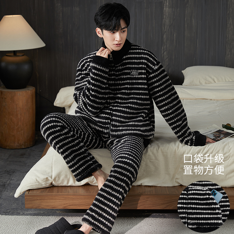 秋冬新款雪花绒可外穿男大码宽松加绒加厚暖绒保暖家居服睡衣套装